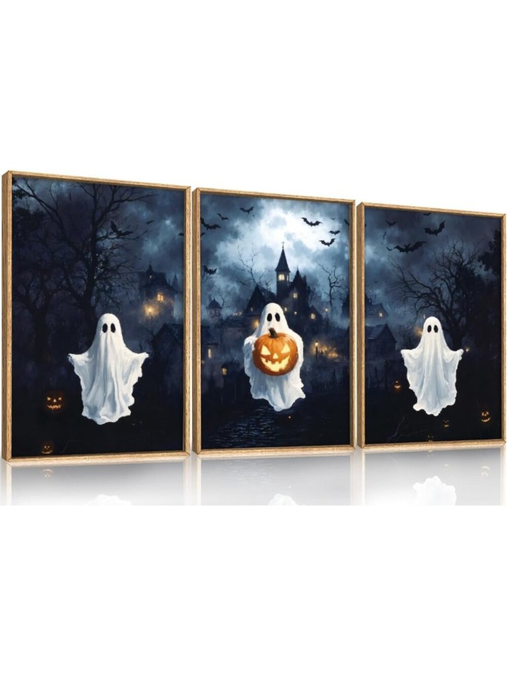 Large Spooky Halloween Framed Canvas Wall Art Set - 3 Piece 16"x24" Decor